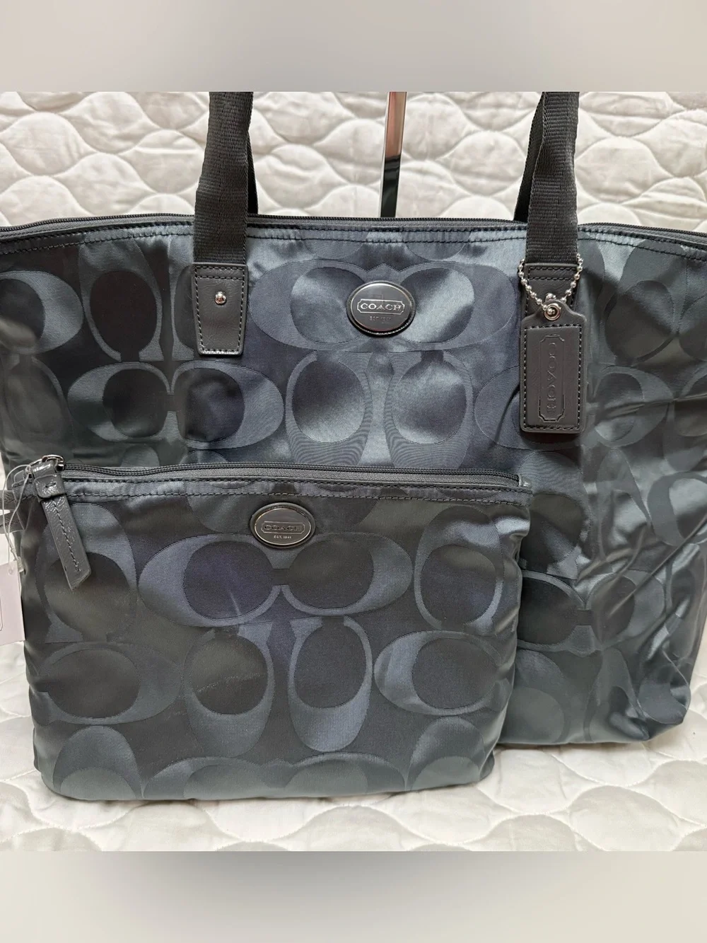 Coach Getaway Silver/Gray Signature Nylon Packable Weekender with Matching Pouch